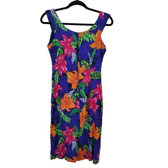 Vintage Blue Tropical Floral Sleeveless Mini Sheath Dress L Rayon USA Aloha Wear - Picture 7 of 10